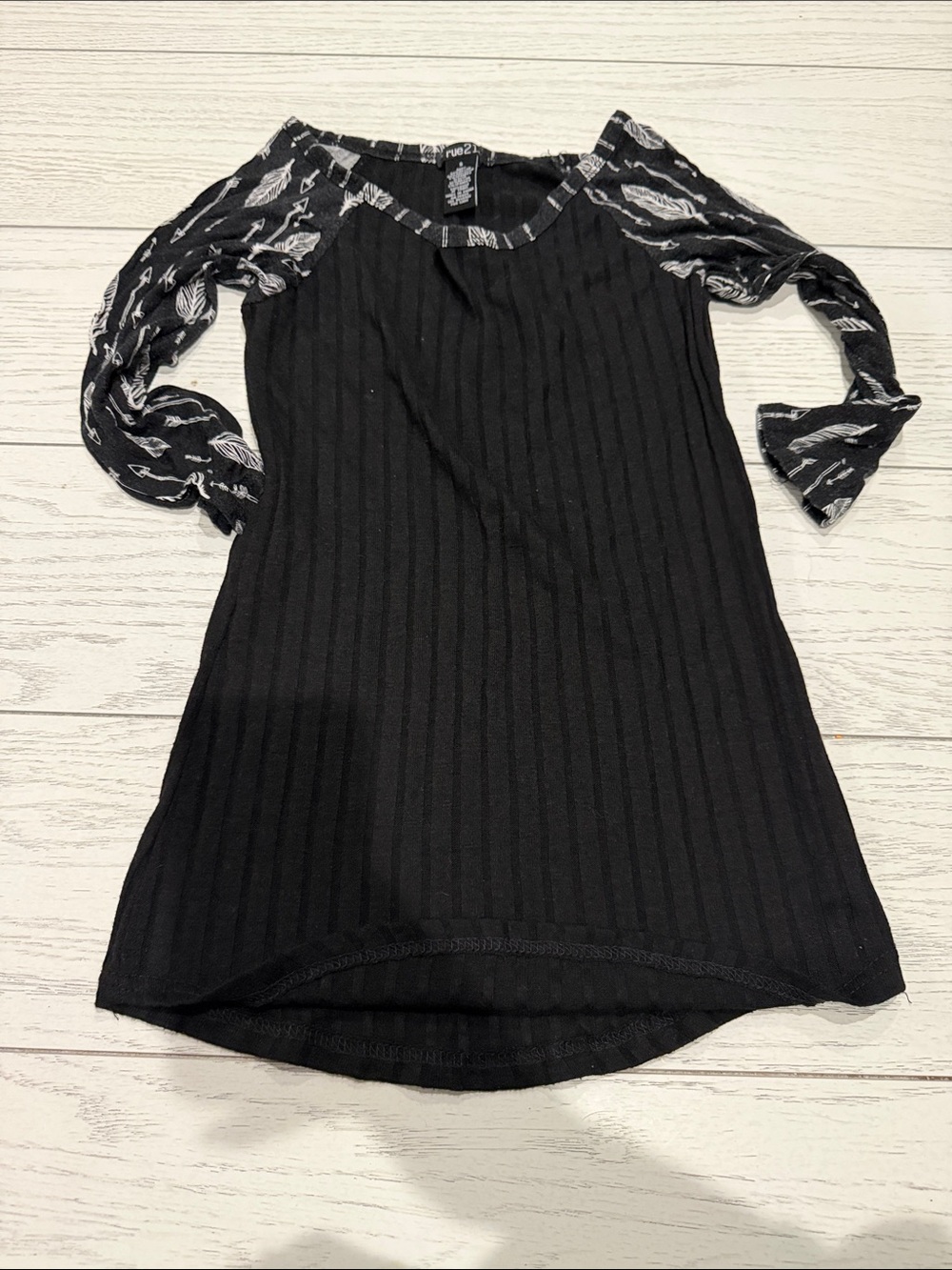 Rue21 Black Ribbed Tee with Black & White Patterned Sleeves